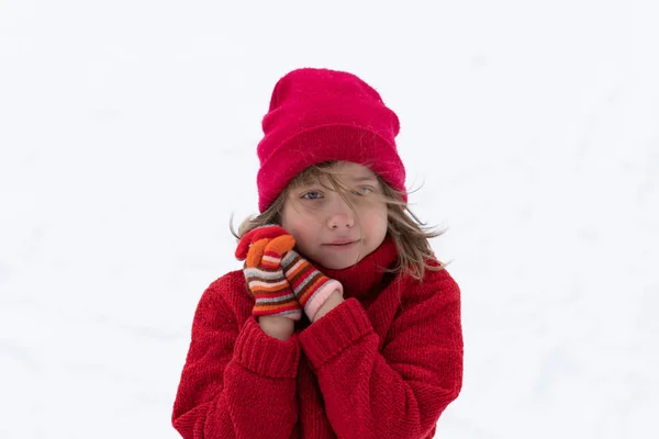 Portrait Little Girl Standing Red Sweater Winter — Stock Photo, Image
