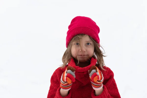 Portrait Little Girl Standing Red Sweater Winter — Stock Photo, Image