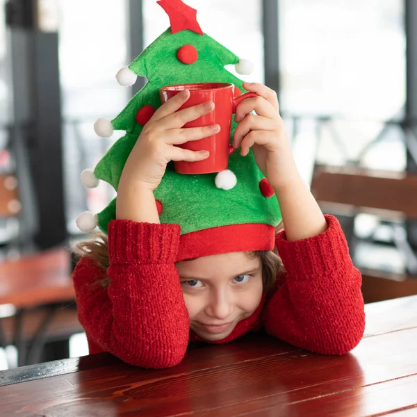 Little Girl Sitting Cafe Christmas — Stock Photo, Image