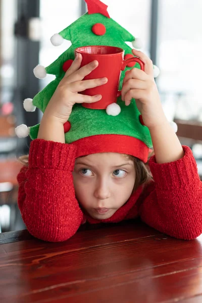 Portrait Little Girl Red Sweater Cafe — Stock Photo, Image
