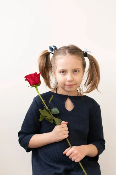 Kislány Áll Egy Vörös Rózsa — Stock Fotó