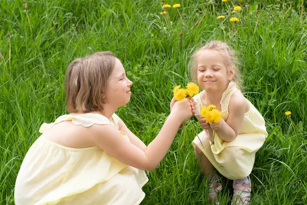 Two Girls Green Grass Dandelions Standing Yellow Dresses — Stock Photo, Image