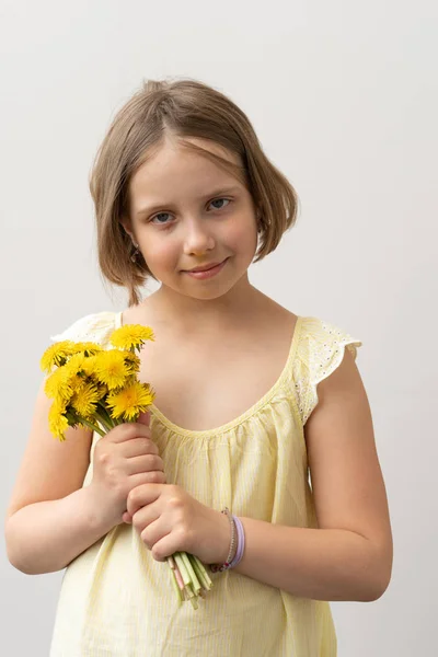 Portrait Little Girl Yellow Dandelions — Stock Photo, Image