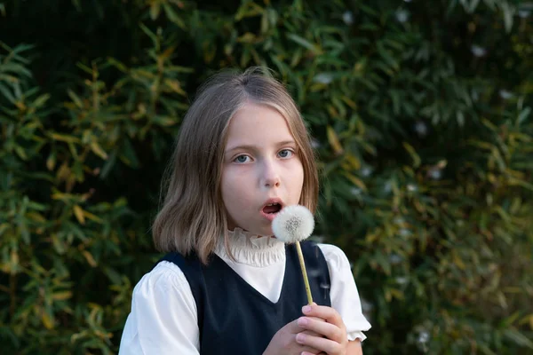 Kleines Mädchen Steht Mit Löwenzahn Draußen — Stockfoto