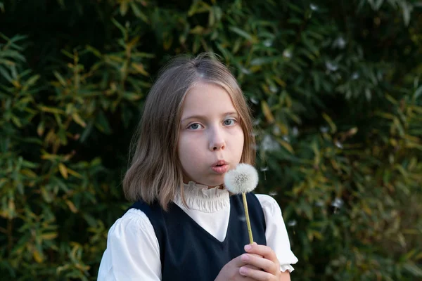 Little Girl Stands Dandelion — Stock Photo, Image