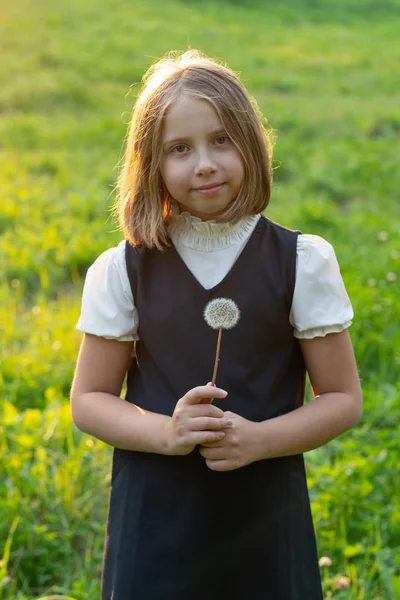Portrait Little Girl Standing School Uniform Dandelion — Stock Photo, Image