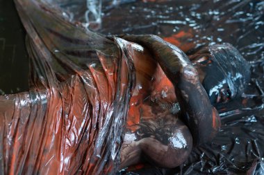 Çıplak kadın üzerine siyah ve turuncu boya dökülmüş.