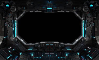 Uzay gemisi grunge iç izole siyah bir pencere üzerinde Manzaralı