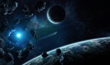 Güneş doğarken dış gezegenlerle uzaydaki uzak gezegen sistemi NASA tarafından desteklenen bu görüntünün elementlerini oluşturur.