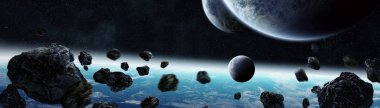 Nasa tarafından döşenmiş bu görüntünün alan 3d render öğelerindeki uzak güneş sistemindeki gezegenlerin panoramik görünüm