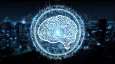 Dijital yapay zeka simgesi hologram üzerinde mavi şehir arka plan 3d render