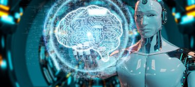 Dijital yapay zeka simgesi hologram 3B oluşturmayı kullanarak bulanık arka plan üzerinde beyaz insanımsı