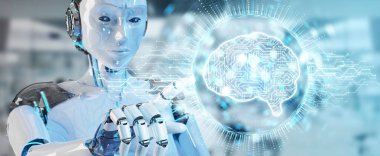 Dijital yapay zeka simgesi hologram 3B oluşturmayı kullanarak arka plan bulanık beyaz insansı kadınlarda