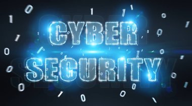 Siber güvenlik metin hologram mavi gri arka planda 3d render