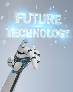 Beyaz robot el geleceğin teknolojisi metin hologram 3B oluşturmayı kullanarak arka plan bulanık üzerinde