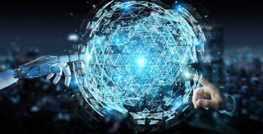 Beyaz robot el dijital üçgen küre hologram 3d render patlayan kullanarak arka plan bulanık üzerinde