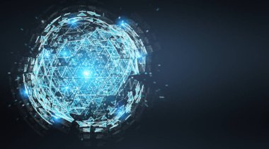 Dijital üçgen patlayan küre mavi gri arka planda 3d render hologram