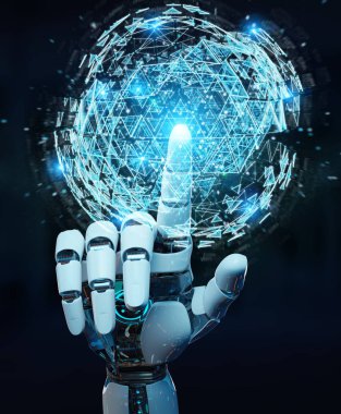 Beyaz robot el dijital üçgen küre hologram 3d render patlayan kullanarak arka plan bulanık üzerinde