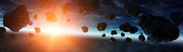 Panoramisch Uitzicht Van Planeet Aarde Met Asteroïden Vliegen Sluiten Ruimte — Stockfoto