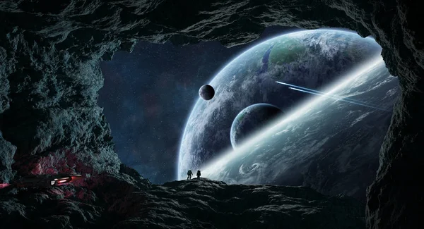 Nasa から提供されたこのイメージの空間 レンダリング要素の小惑星で洞窟を探索宇宙船と宇宙飛行士 — ストック写真