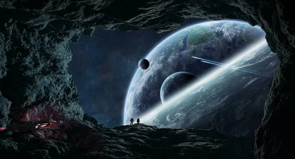 Astronauts Spaceship Exploring Cave Asteroid Space Rendering Elements Image Furnished — Stock Photo, Image