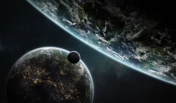 Fjärran Planet System Rymden Med Exoplaneter Soluppgången Renderingselement Denna Bild — Stockfoto