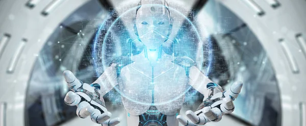 Donna Cyborg Bianca Sfondo Sfocato Utilizzando Ologramma Digitale Sorveglianza Oculare — Foto Stock