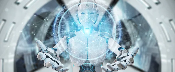 Dijital göz gözetim hologram 3B oluşturmayı kullanarak arka plan bulanık beyaz cyborg kadın