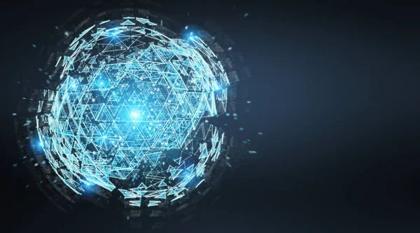 Цифровая Треугольная Взрывающаяся Сферическая Голограмма Синем Сером Фоне Рендеринг — стоковое фото