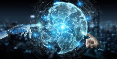 Dünya ağ hologram Amerika ABD harita 3d render ile kullanarak arka plan bulanık beyaz robot el