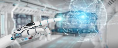 Dünya ağ hologram Amerika ABD harita 3d render ile kullanarak arka plan bulanık beyaz robot el