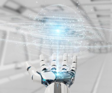 Beyaz robot el dijital küre bağlantısı hologram 3B oluşturmayı kullanarak arka plan bulanık üzerinde