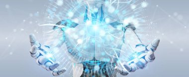 Dünya ağ hologram Amerika ABD harita 3d render ile kullanarak arka plan bulanık beyaz robot