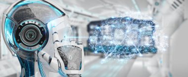 Yapay zeka 3d render oluşturma bulanık arka plan üzerinde beyaz kadın insanımsı