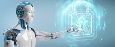 Beyaz adam robot üzerinde bulanık arka plan dijital veriler 3B oluşturmayı güvenliğini sağlama