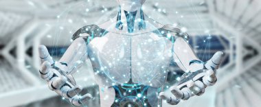 Dijital ekran arabirimi 3d rendering kullanarak arka plan bulanık beyaz erkek robot