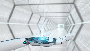 Beyaz cyborg uzay arka plan 3d render eline açma