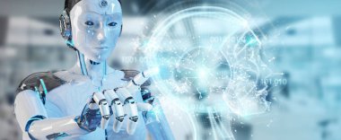 Yapay zeka 3d render oluşturma bulanık arka plan üzerinde beyaz kadın cyborg