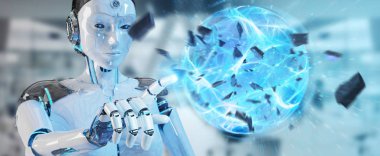 Enerji topu 3d render oluşturma arka plan bulanık beyaz kadın robot