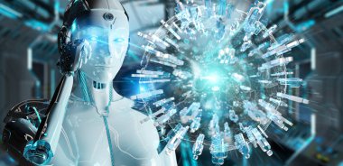 İnsanlar 3d render bağlanmak için dijital dünya kullanarak arka plan bulanık beyaz kadın robot