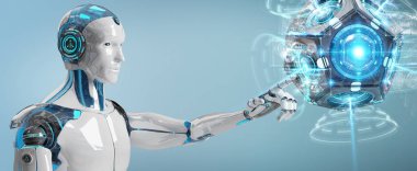 Beyaz adam dron güvenlik kamera 3B oluşturmayı kullanarak arka plan bulanık üzerinde insansı