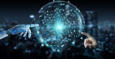 Beyaz insansı el dijital küresel ağ 3B oluşturmayı kullanarak arka plan bulanık üzerinde