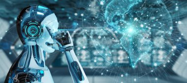 Planet Earth arabirimi 3d rendering kullanarak bulanık arka plan üzerinde beyaz adam cyborg