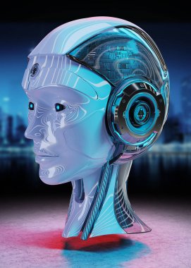 Cyborg baş yapay zeka üzerinde mavi arka plan 3d render izole