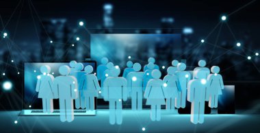 Bir grup insan önünde koyu arka planda 3d render modern cihazlar