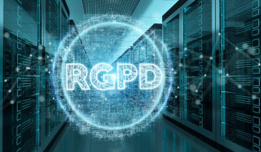 Digital GDPR interface in server room data center storage 3D rendering clipart