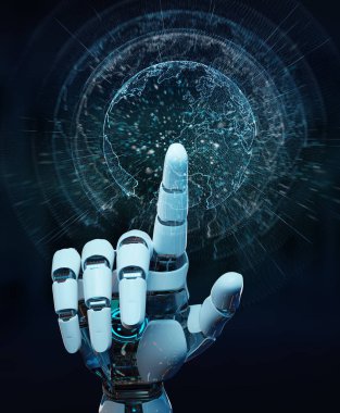 Beyaz cyborg el planet Earth arabirimi 3d rendering kullanarak arka plan bulanık üzerinde