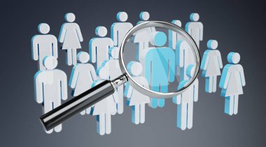 Büyüteç insanlar illüstrasyon gri arka plan 3d render üzerinde recruiting