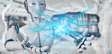 İnsan DNA'sı 3d render tarama bulanık arka plan üzerinde beyaz kadın cyborg