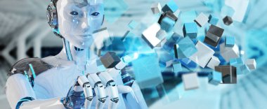 Mavi dijital küp yapısını 3B oluşturmayı kullanarak bulanık arka plan üzerinde beyaz cyborg